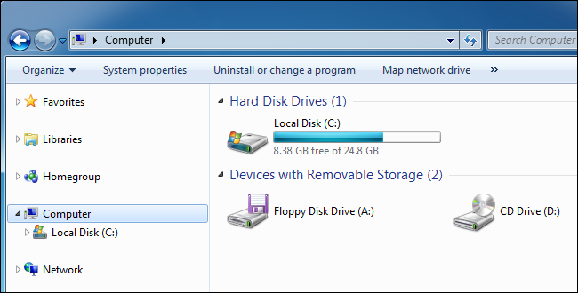 Windows 7's Computer pane showing a local disk.